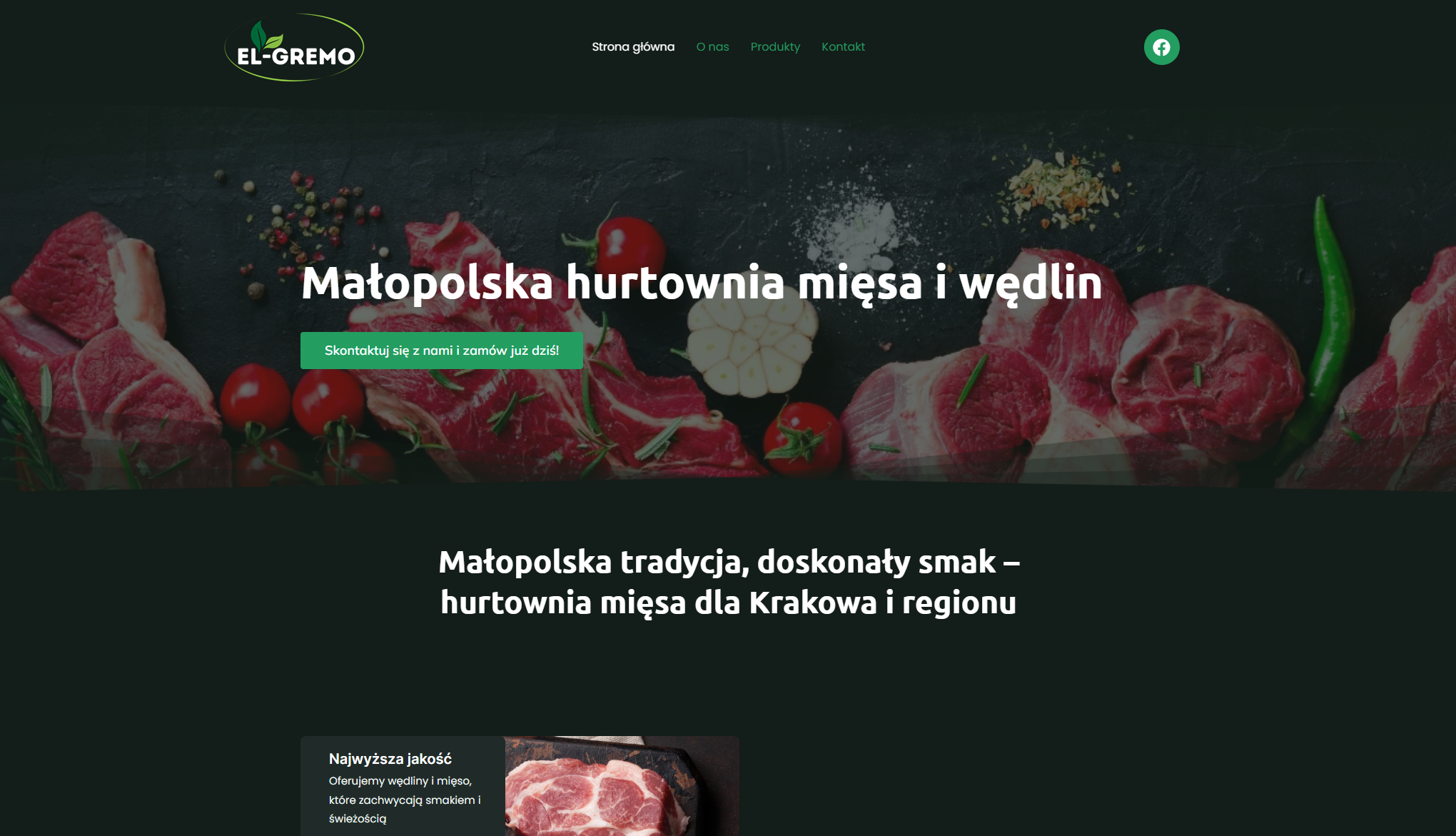 Strona internetowa El-Gremo - hurtownia mięsa, ciemny motyw z fotografią produktów