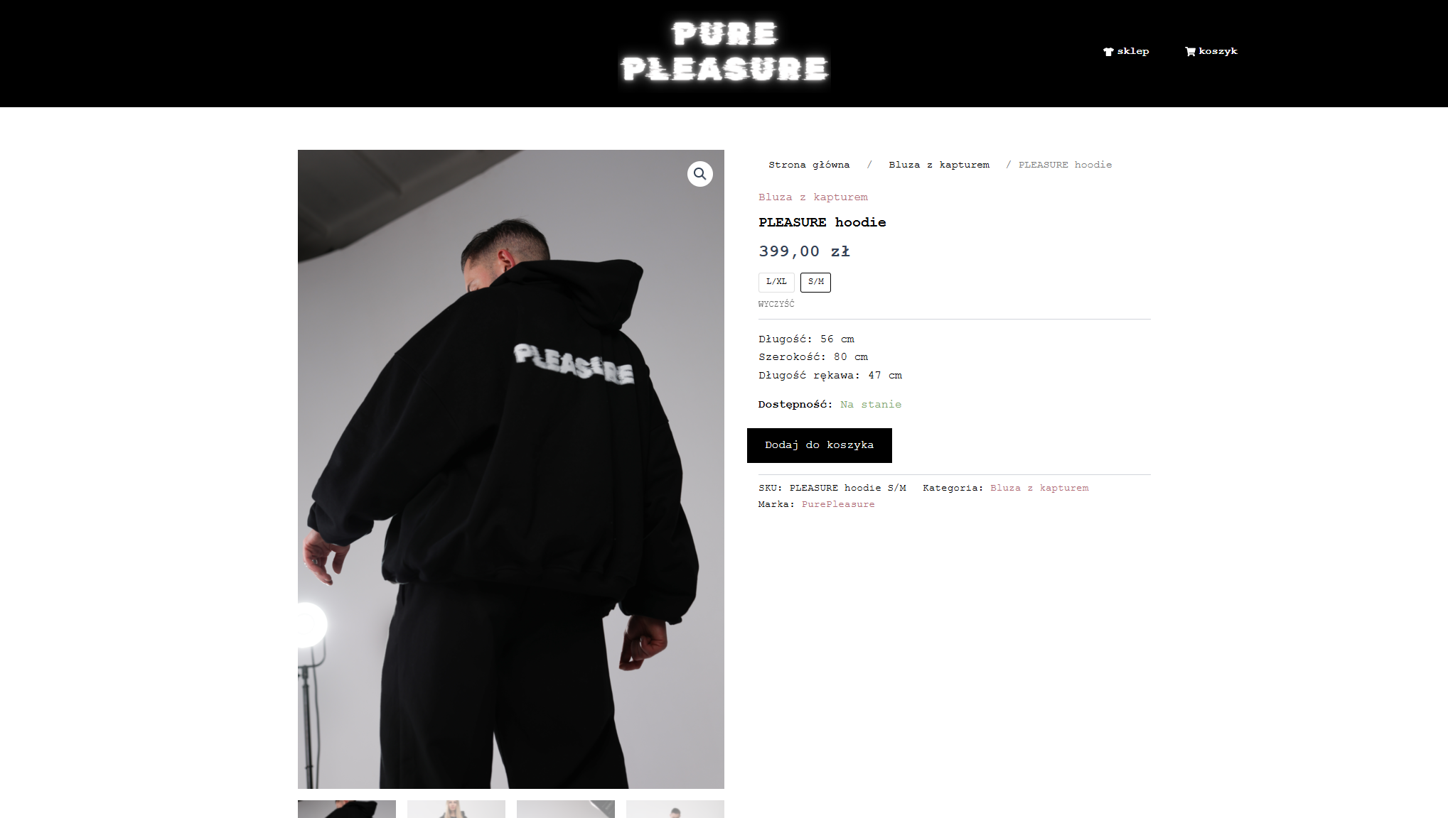 Sklep internetowy Pure Pleasure - streetwear, ciemny design z produktem