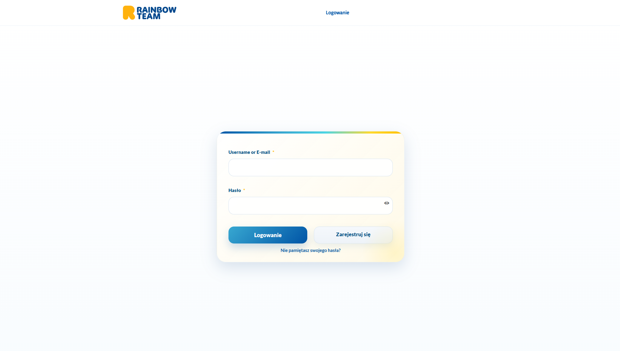 Aplikacja Rainbow Team - panel logowania z gradientowym designem